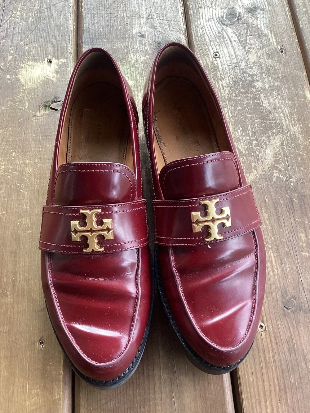 Tory Burch Everly Chunky Leather Lug Loafers Logo Burgundy Shoes , 11